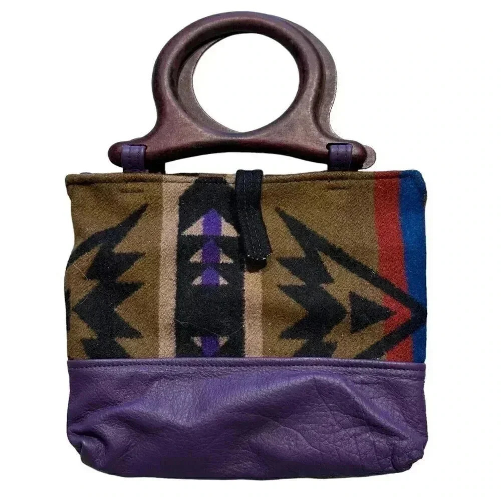 Handmade Handbag southwestern patern purple faux leather wooden handle